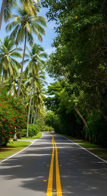 Winding Tropical Road Lined with Palm Trees and Hibiscus - Free mobile Wallpaper