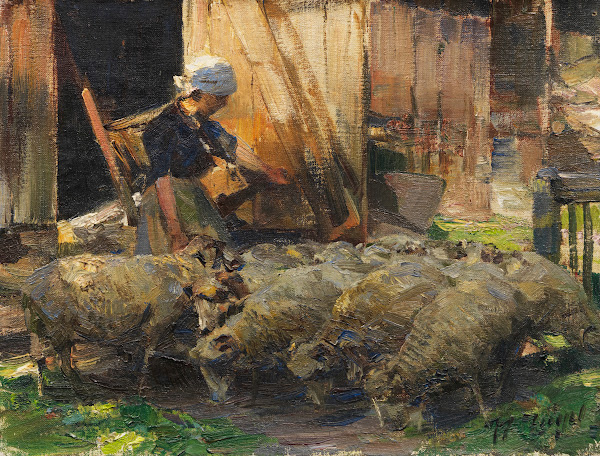 Bäuerin mit Schafen 1920