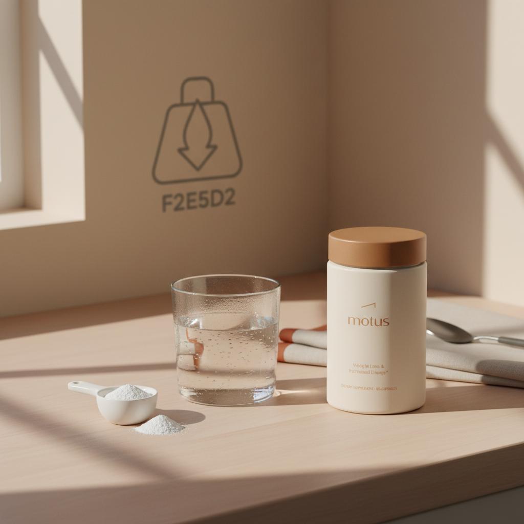 Minimalist kitchen counter with Tonum Motus container, small scoop of taurine powder and a glass of water illustrating taurine metabolism and supplement use