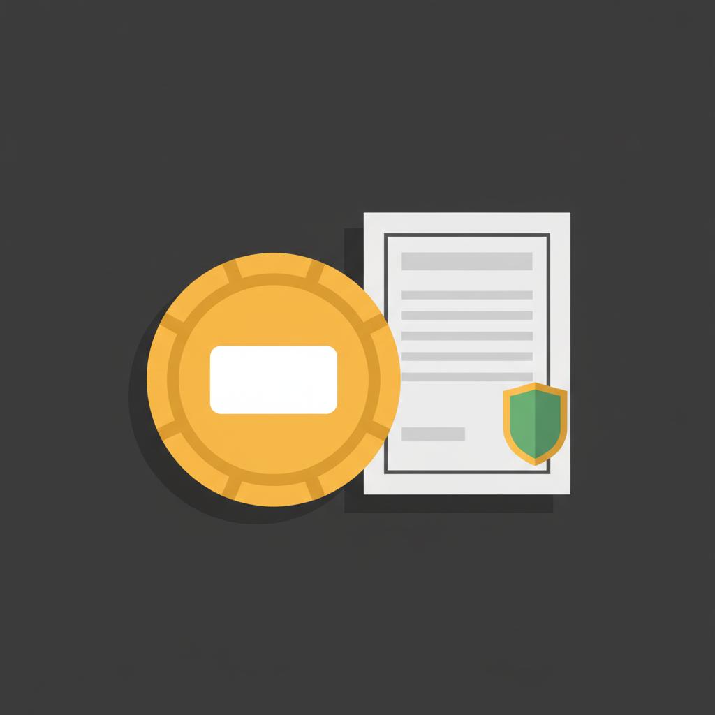 Minimalist 2D vector of a stylized generic coin next to a contract representing COIN stock regulation and custody on dark background with green and gold accents