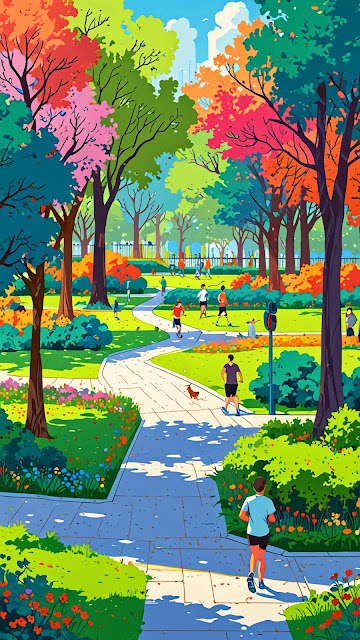 Vibrant City Park Jogging Path Illustration, Maximalist Colors - Free mobile Wallpaper