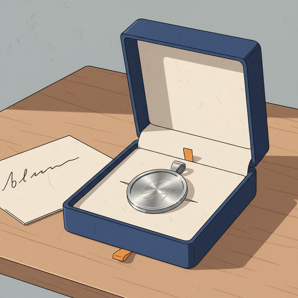 Nahaufnahme einer geöffneten Geschenkbox mit gepolstertem Metallanhänger und handgeschriebener Karte, detailfokus auf Metall- und Papiertexturen, weihnachtsgeschenke senioren