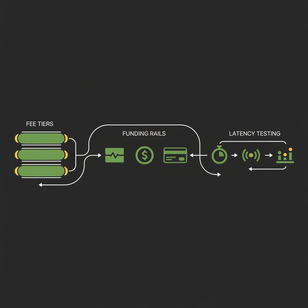 Minimal 2D vector flowchart of fee tiers funding rails and latency testing steps for best crypto exchange for day trading