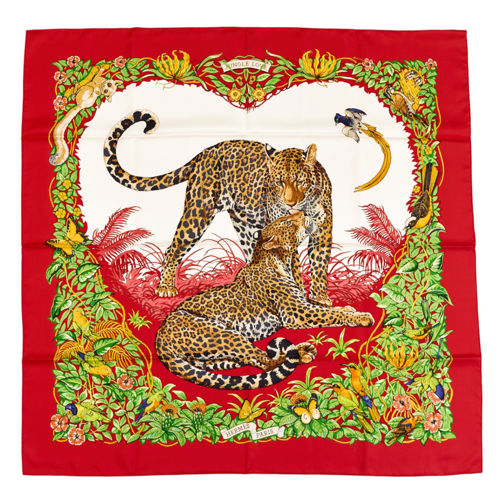 Hermes Silk Scarf Carre 90  "JUNGLE LOVE" Red Silk Scarf