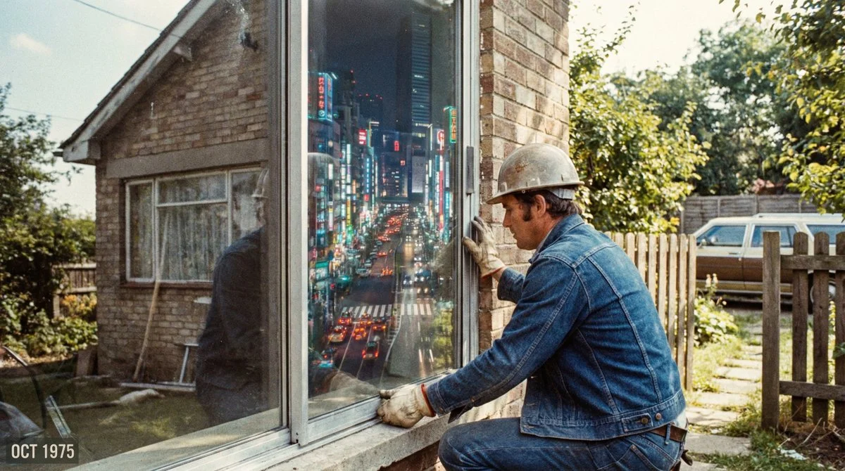 Fotografía en película de 35 mm de 1975, con imagen granulada: Obrero de la construcción instalando una ventana de vidrio con el reflejo de la metrópolis de Tokio de noche.