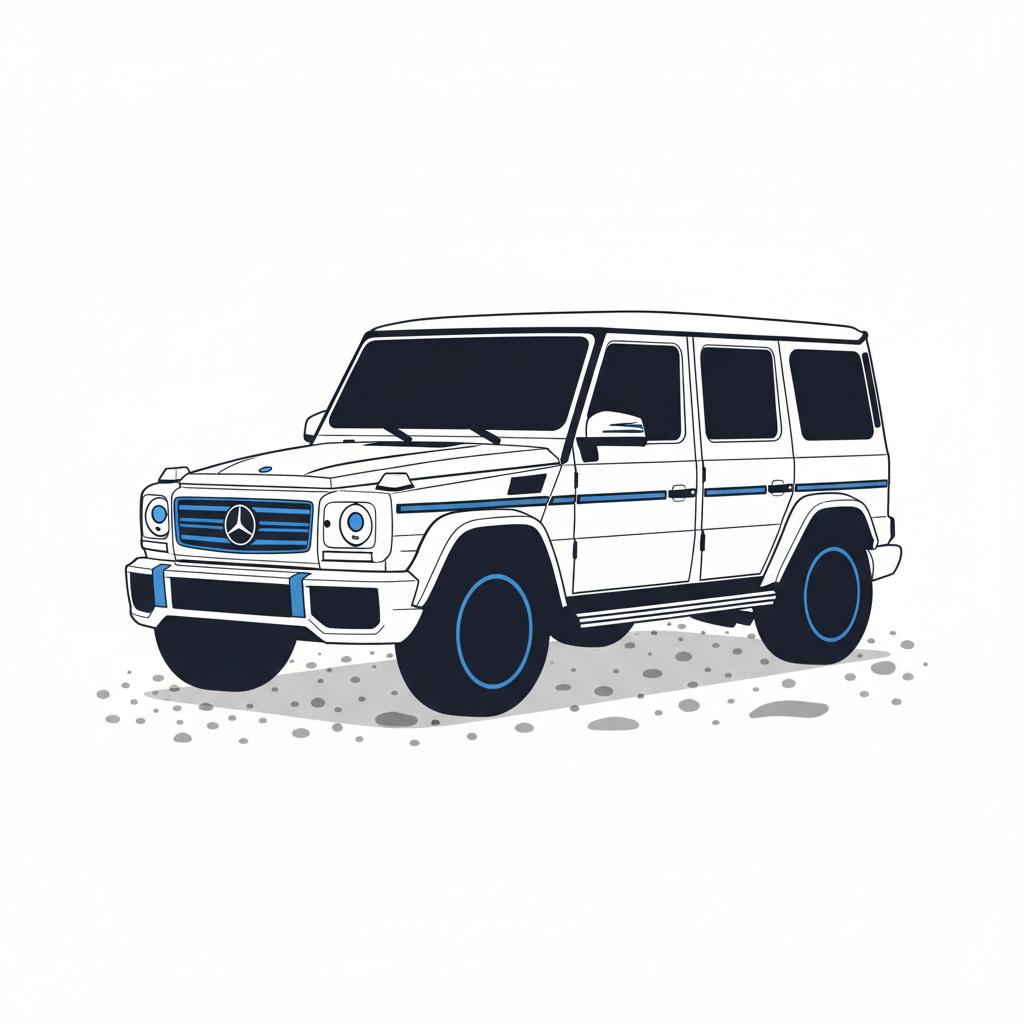 Minimalist 2D vector three quarter front view of a g wagon for sale on a gravel driveway showing boxy silhouette stance and blue brand accents