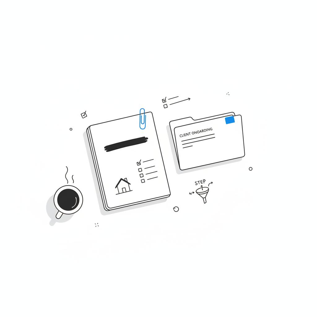 Minimal 2D vector overhead of a tidy agent workspace with a notebook showing a single brand-stroke, folder, coffee and blue-accented pen &mdash; real estate agent mistake