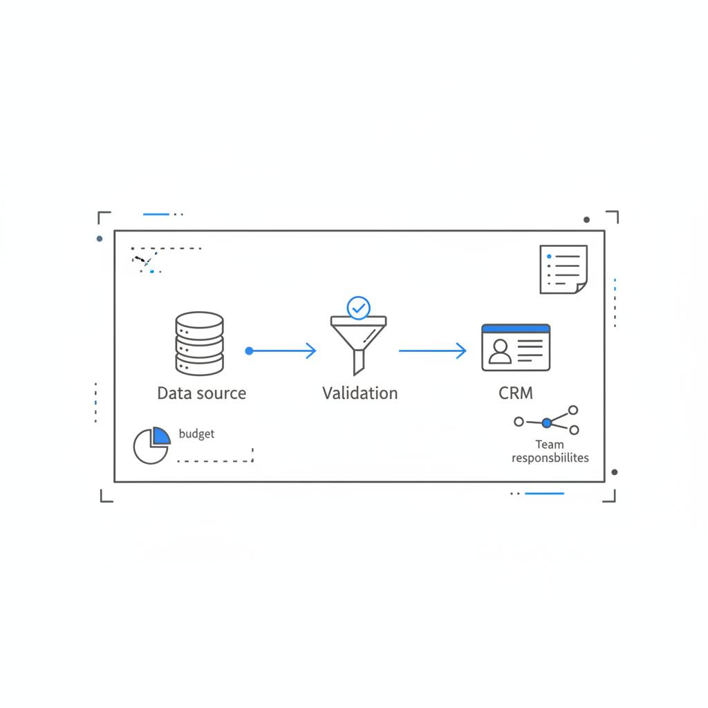 Minimalist 2D vector flatlay of notebook-style sketches and sticky notes illustrating a lead validation flow (data source → validation → CRM) for best lead generation service
