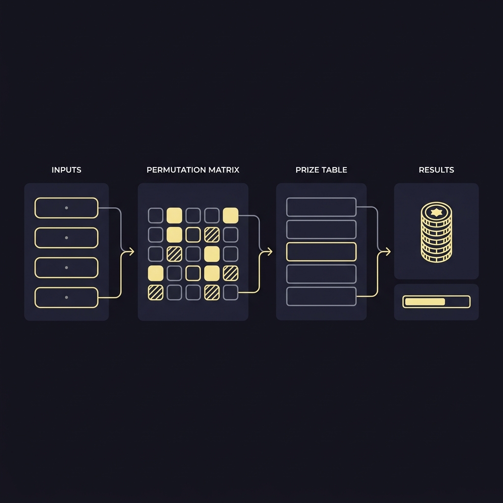 Minimalist 2D vector flowchart showing digit input slots leading to permutation counts grid mapping to a state prize table and resulting payout and cost icons pick 4 calculator