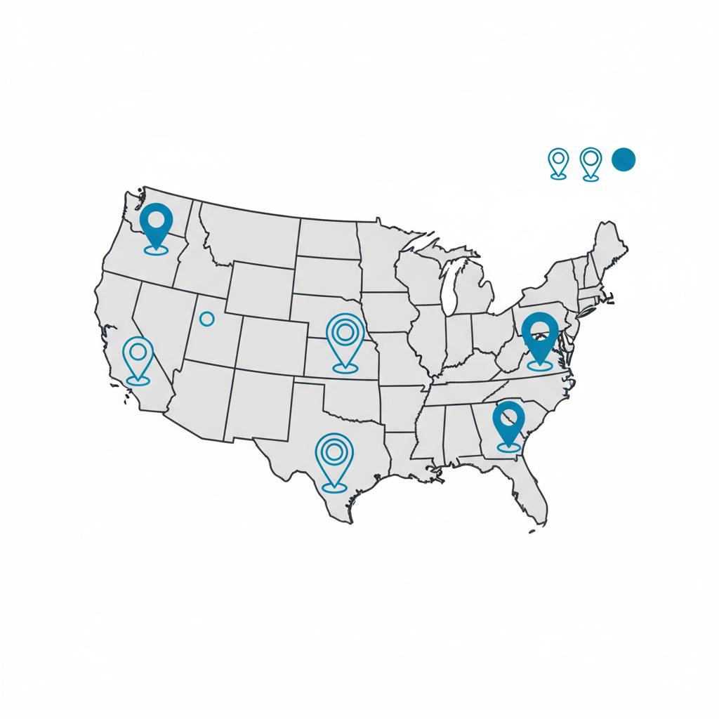 Minimalist 2D vector map with blue pins showing low medium and high used EV price regions for tesla for sale visuals