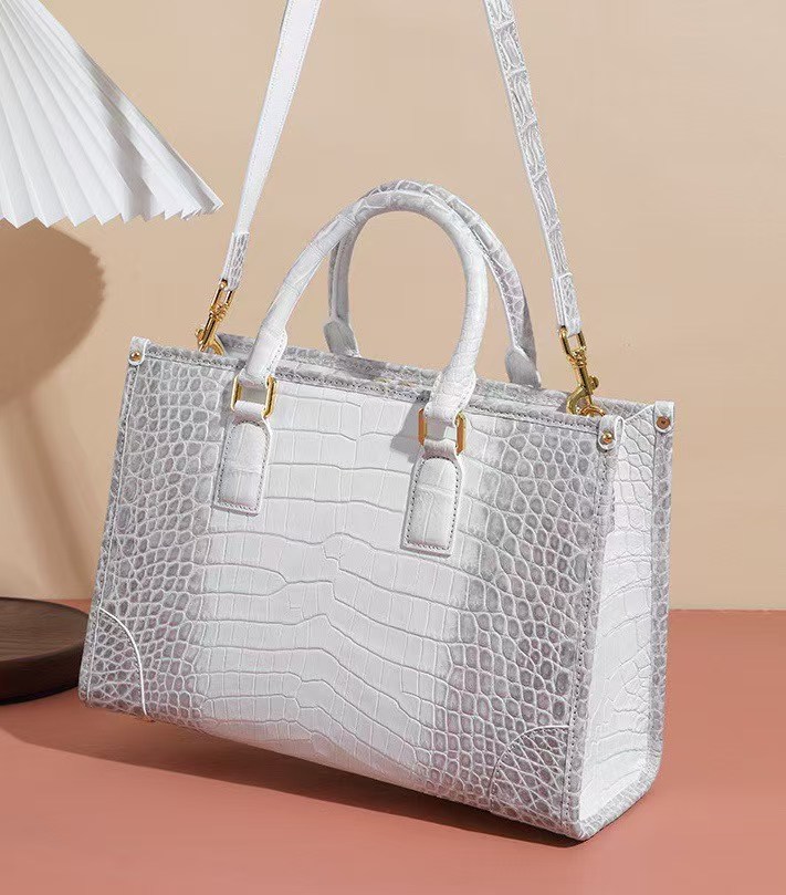 Himalayan white genuine crocodile belly leather structured tote handbag with gold hardware for women - detail 3