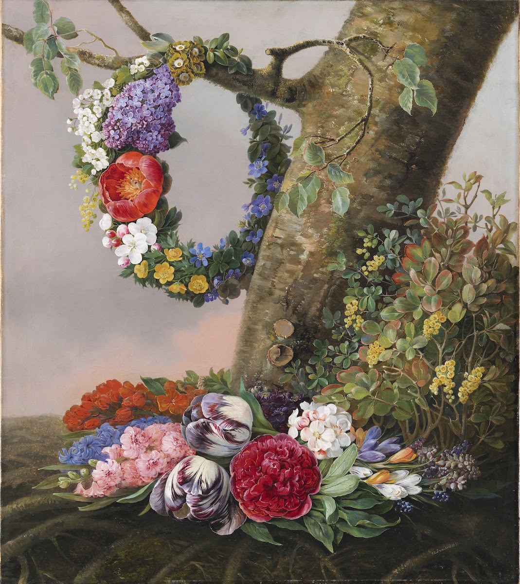 En Buket Blomster Ved Foden Af Et Træ På En Gren Hænger En Blomsterkrans 1832