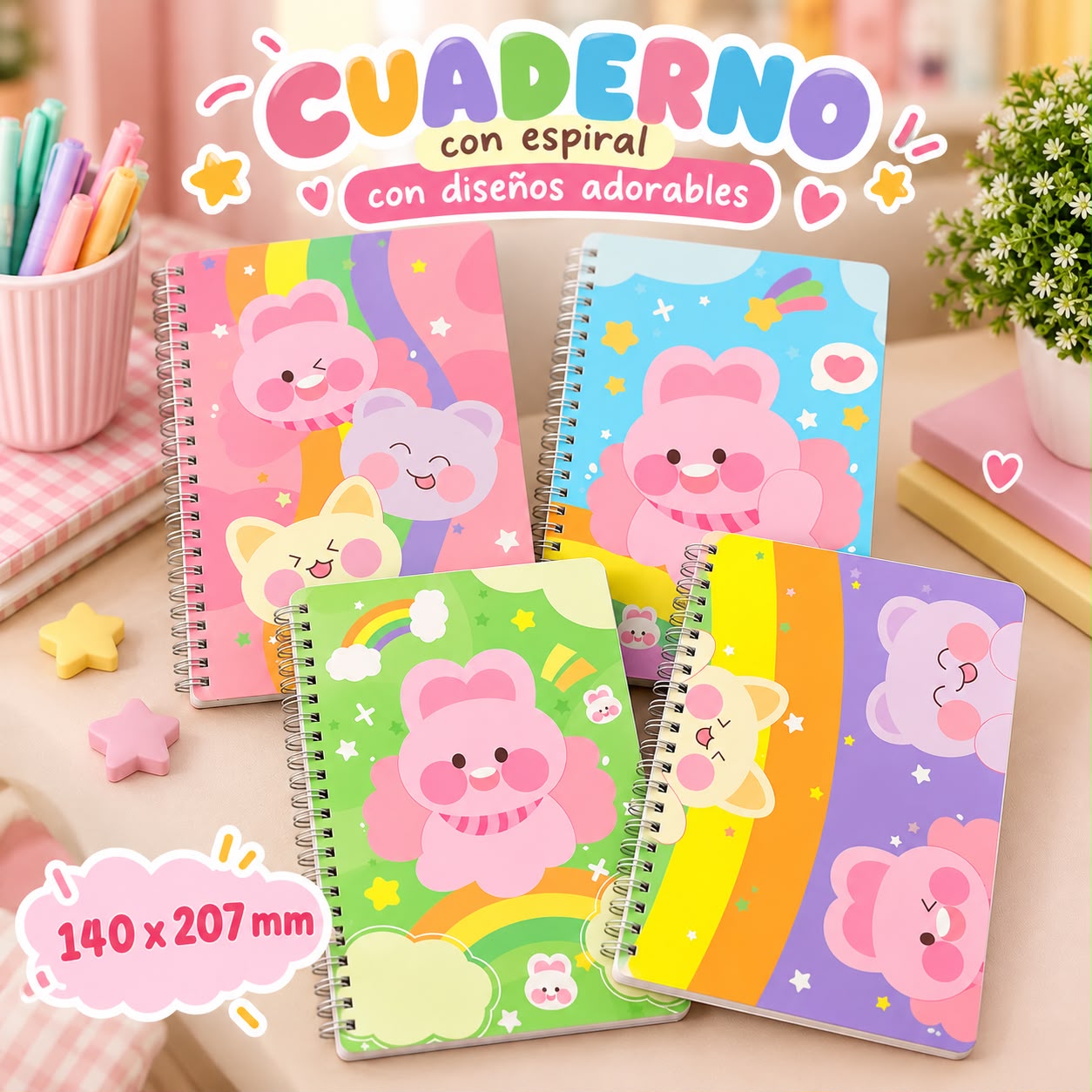 Cuaderno espiral kawaii – 4 diseños