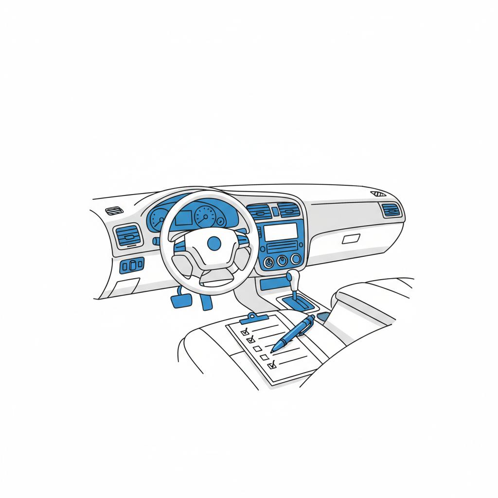 Minimalist vector image of a used car interior with dashboard odometer and a mechanic checklist on the passenger seat emphasizing inspection red flag rule for car dealers