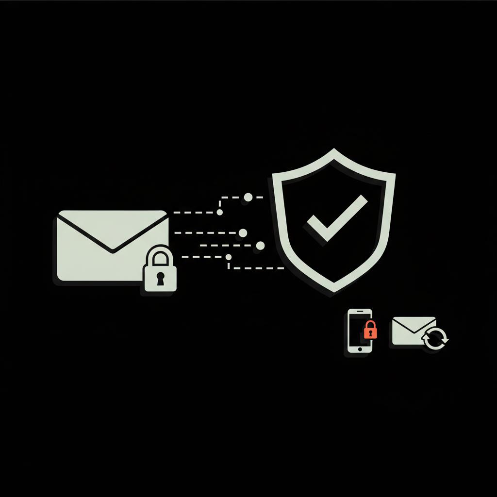 Minimal vector infographic of a locked inbox transforming into a shielded accessible account with 2FA and backup email icons, illustrating old Hotmail email account security
