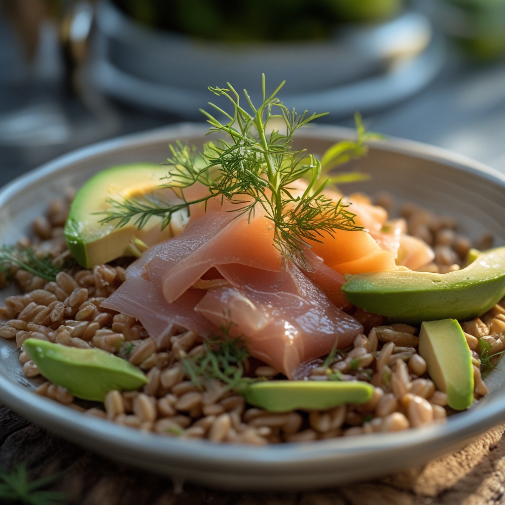 Final Smoked Trout & Farro Harvest Salad with Lemon-Dill Dressing