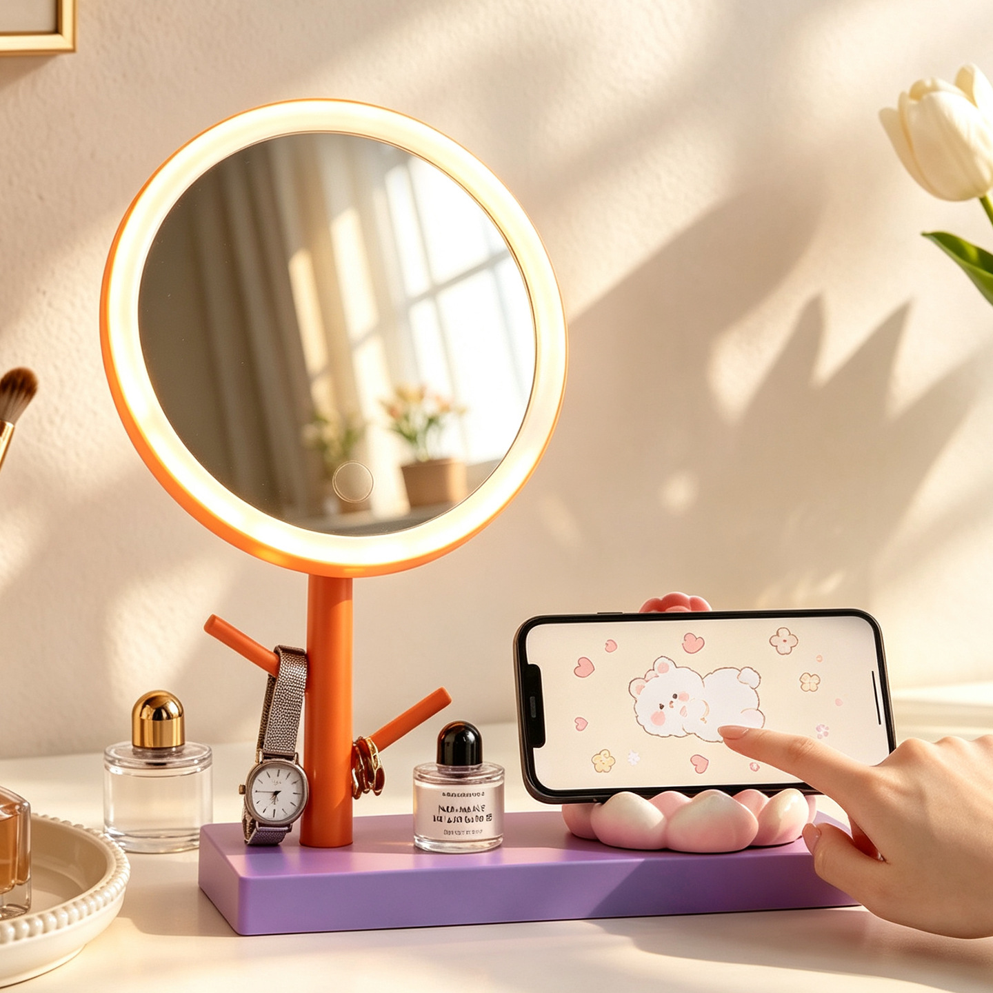 Cartoon Phone Stand with Makeup Mirror