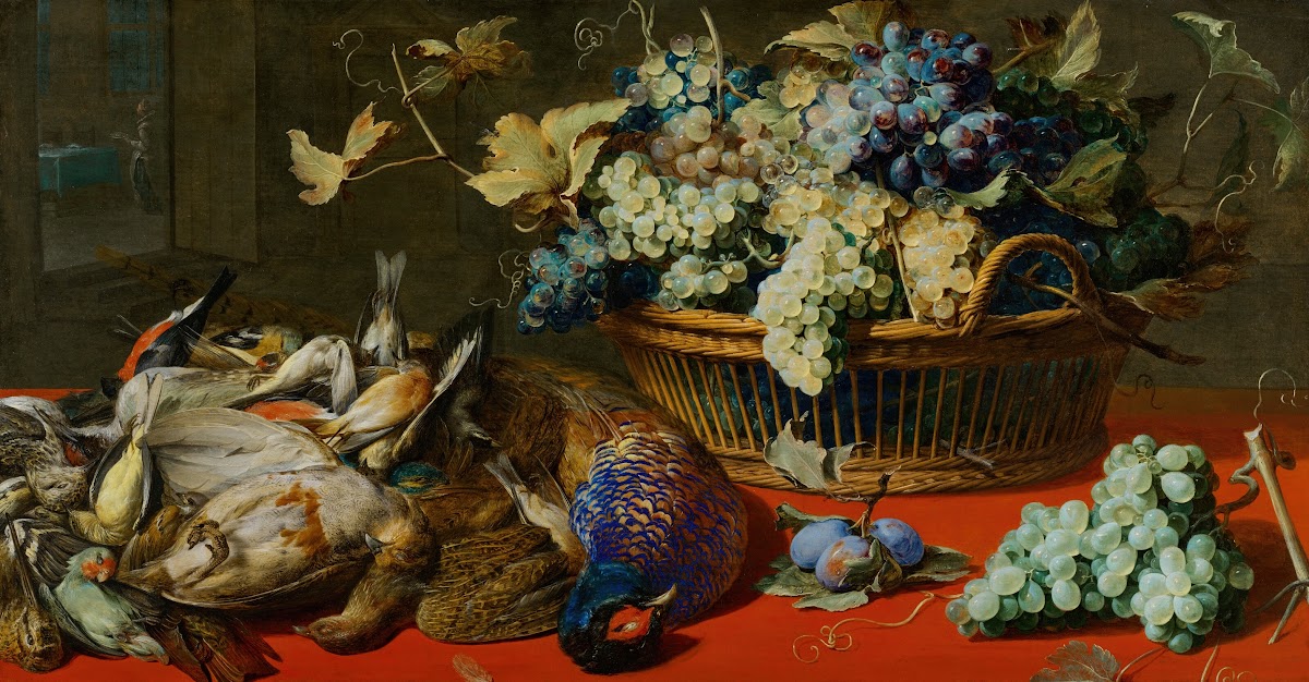 Game plums and grapes on a red table cloth next to a basket of grapes 17th centu