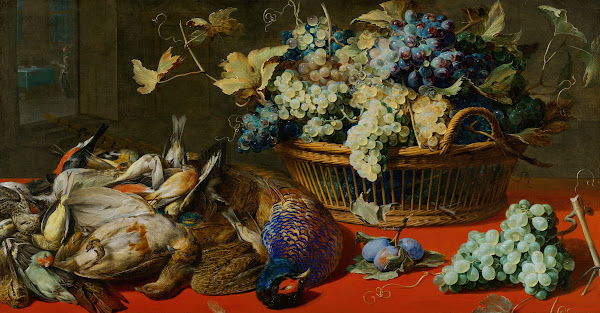 Game plums and grapes on a red table cloth next to a basket of grapes 17th centu