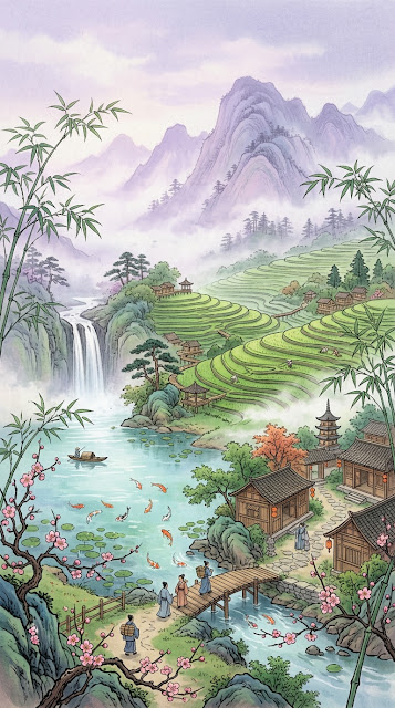 Traditional East Asian Mountain Village with Rice Terraces - Free mobile Wallpaper