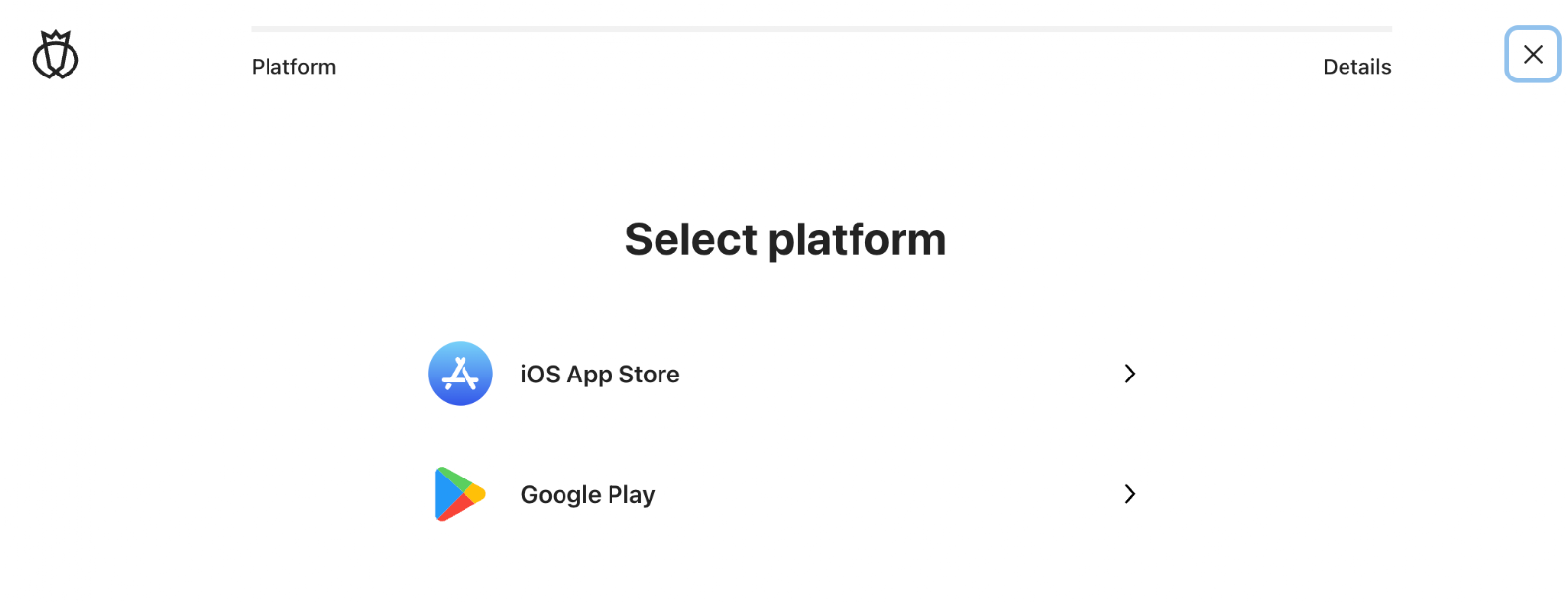 A dialog to select a platform and the choices of the iOS App Store or Google Play.