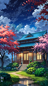 Serene Japanese House Anime Art with Cherry Blossoms Night Scene