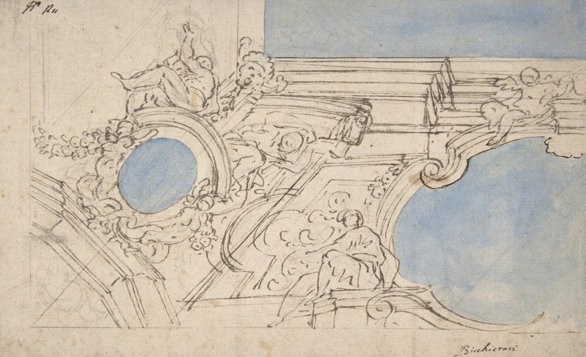 A Foreshortened View of a Ceiling Corner Decorated with Statues Putti and Garlan