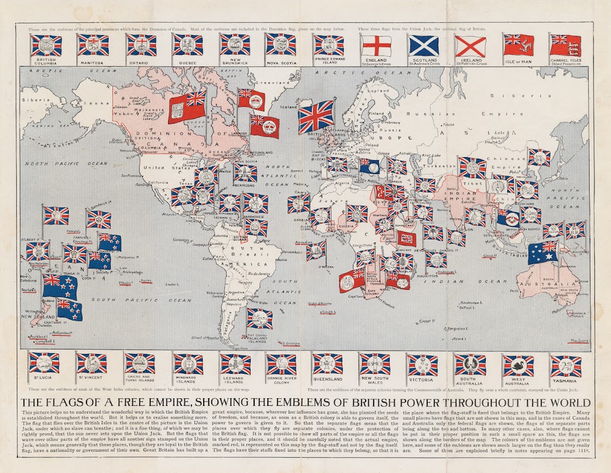 The Flags Of A Free Empire Showing The Emblems Of British Power Throughout The W