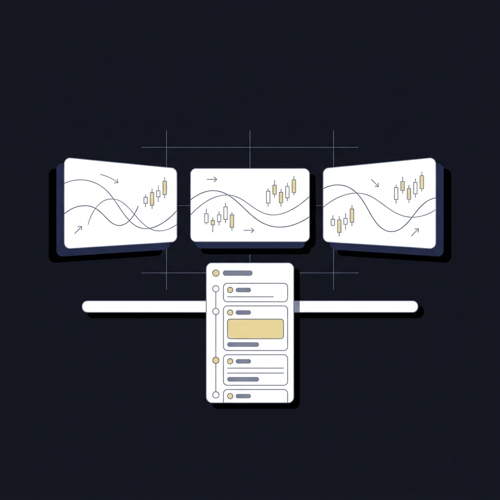 Minimal 2D vector sports trading desk with three screens showing abstract line movement charts and a vertical inactives announcement feed represented by icon cards How Late-Season Motivation Changes NFL Prices