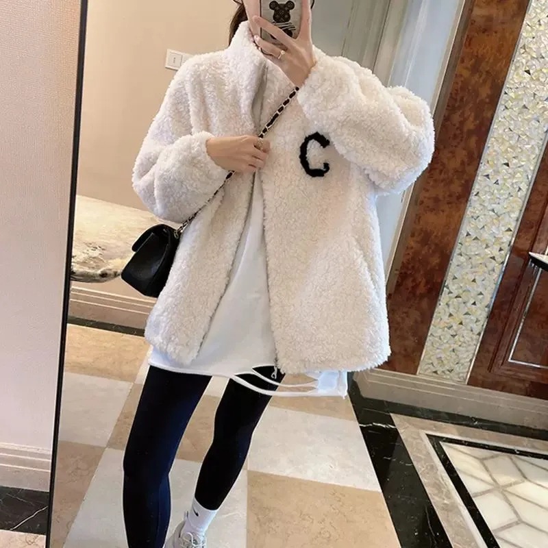 Women's Faux Lamb Fleece Baseball Jacket
