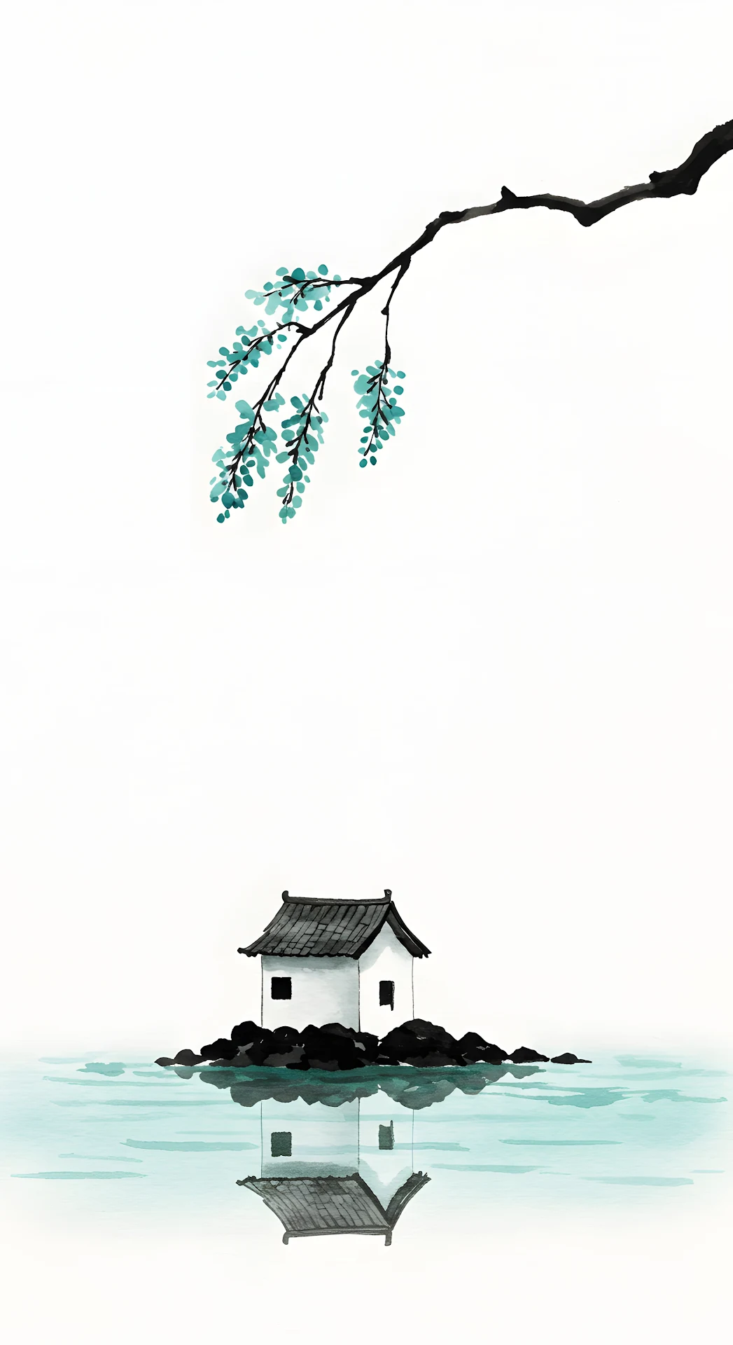 Zen Sumi-e Ink Wash Painting of House on Water - Free 4K mobile Wallpaper