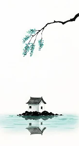 Zen Sumi-e Ink Wash Painting of House on Water