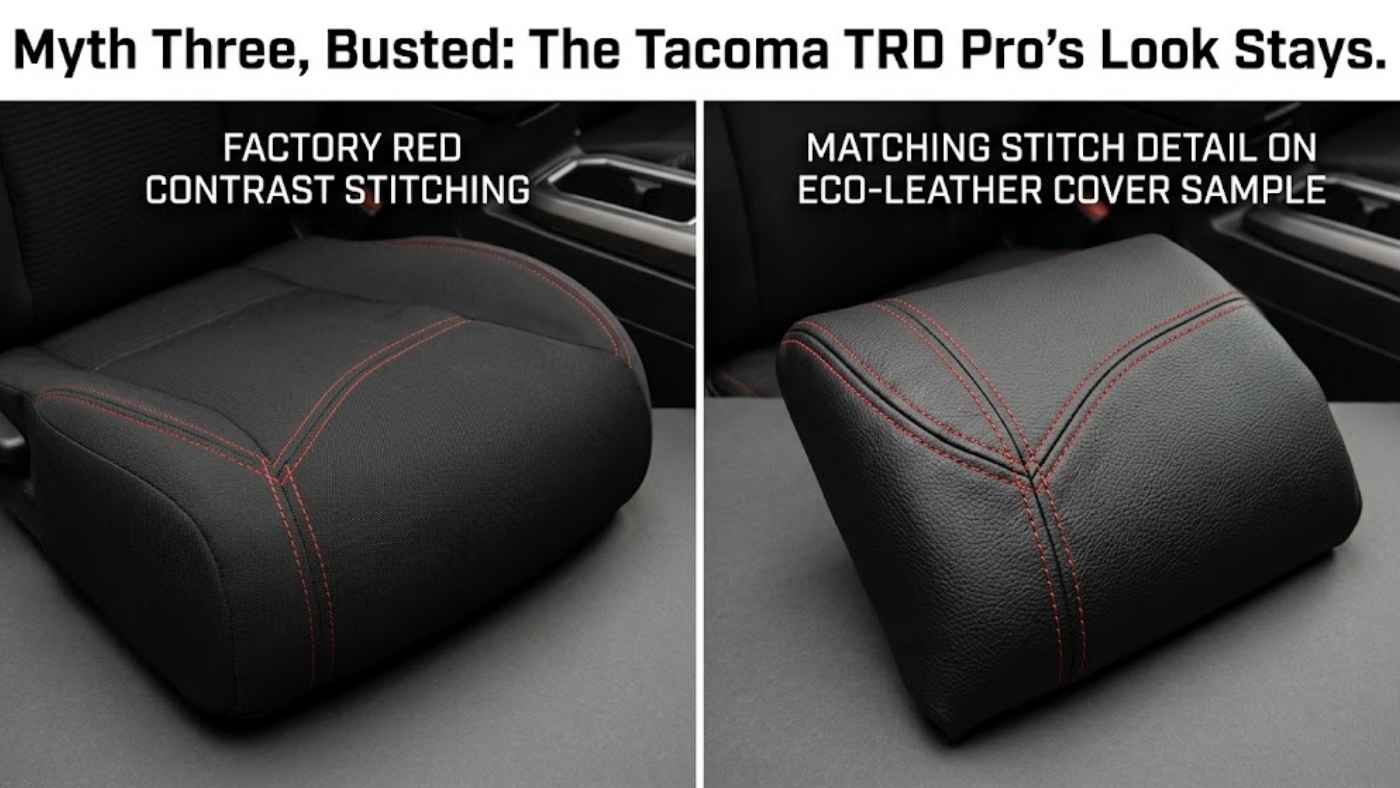 Interior of a 2027 Toyota Tacoma TRD Pro with color-matched eco-leather seat covers preserving the red contrast stitching