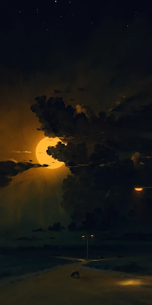 Digital Painting, Night, Clouds, Moon, Dog Full HD Wallpaper Background