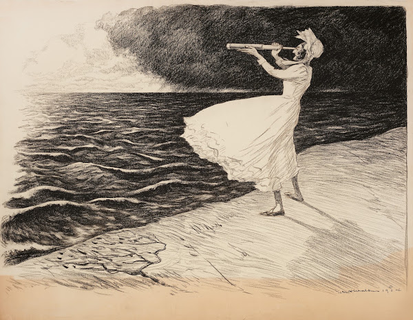 A woman looks out to sea with a telescope 1904
