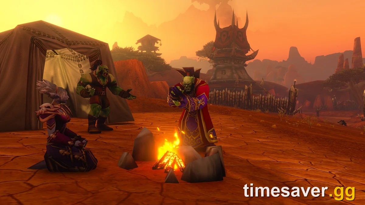 WoW Forever early-zone leveling — Horde characters around a campfire in a desert encampment