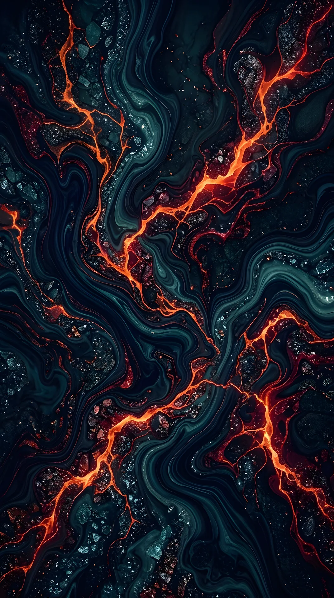 Abstract Marbled Fluid Texture in Deep Blue with Glowing Orange Veins - Free 4K mobile Wallpaper