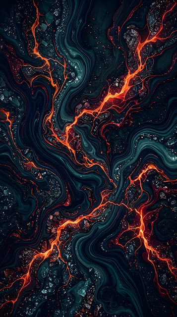 Abstract Marbled Fluid Texture in Deep Blue with Glowing Orange Veins - Free mobile Wallpaper
