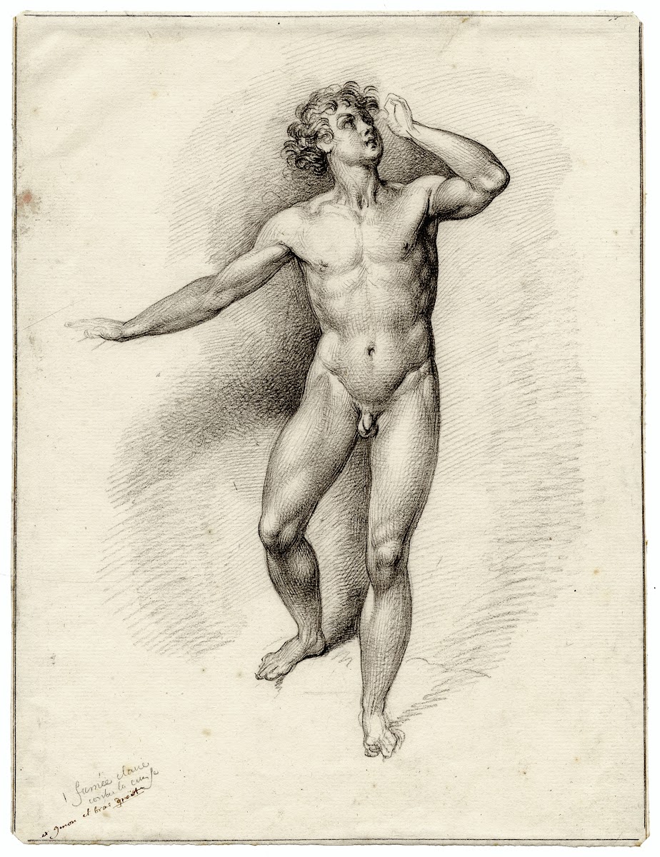 Staand mannelijk naakt met geheven arm