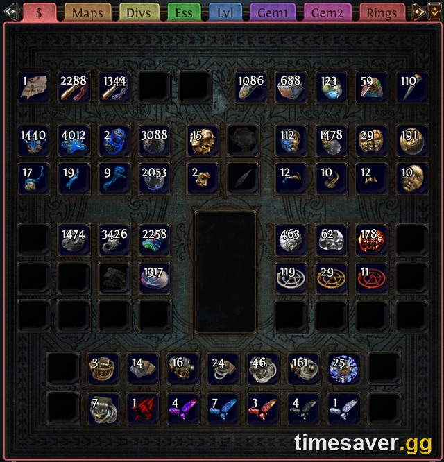 Path of Exile 2 currency stash tab filled with orbs including Exalted and Divine