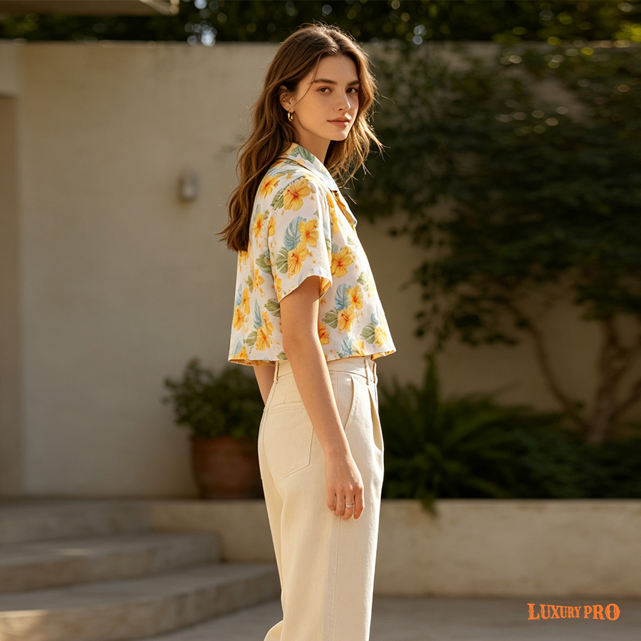 AOP MEG Cropped Brazilian Collar Shirt With Pockets