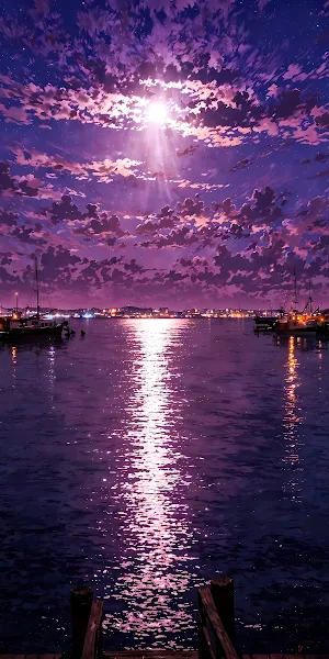 Purple Seascape, Night Harbor, Boat Dock, Anime Scenery 4K iPhone Wallpaper Background