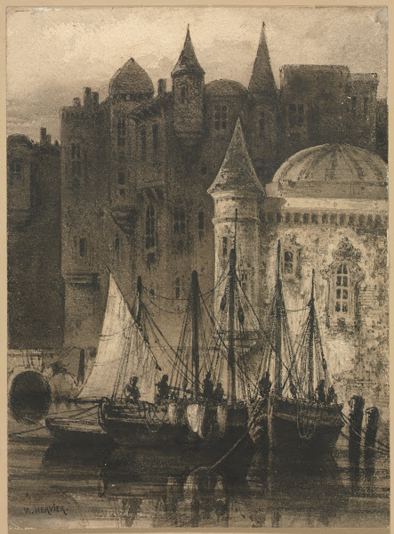 Harbor Scene with Boats and Castle c 1800s