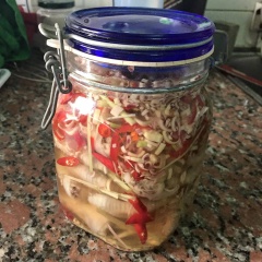 Xếp tất cả chân gà và sả vào bình thủy tinh, cho nước ngâm đã pha vào, đậy kín nắp và để trong vào 1 ngày là có thể dùng.
