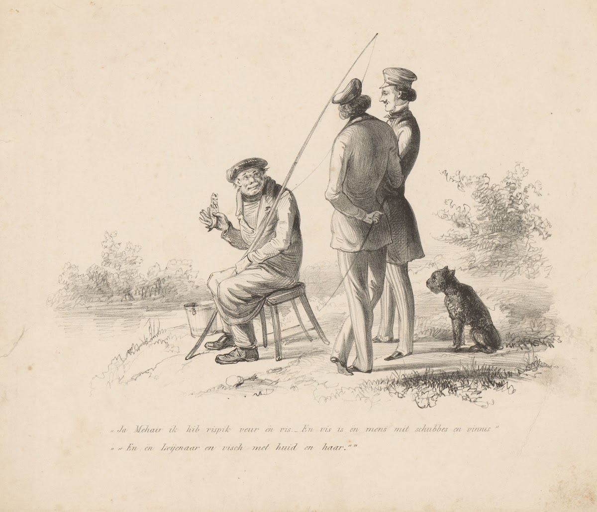 Visser in gesprek met twee mannen 1832   1897