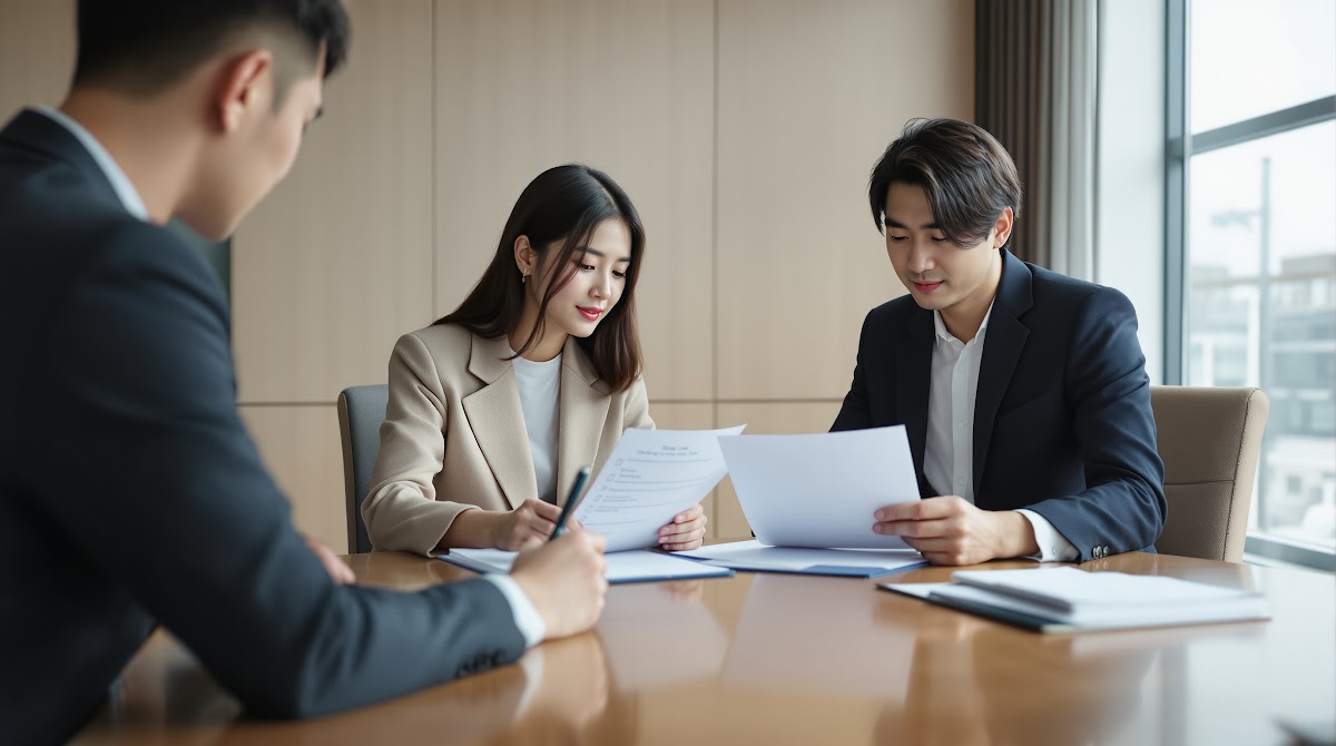 국가유공자 소송 변호사와의 1:1 상담 현장: 상담실에서 의뢰인이 체크리스트를 손에 들고, 변호사와 함께 자격 심사, 소송 절차, 실적 및 전략에 대해 꼼꼼히 확인하는 모습. 책상 위에는 상담 자료와 판례 인쇄물이 놓여 있다.