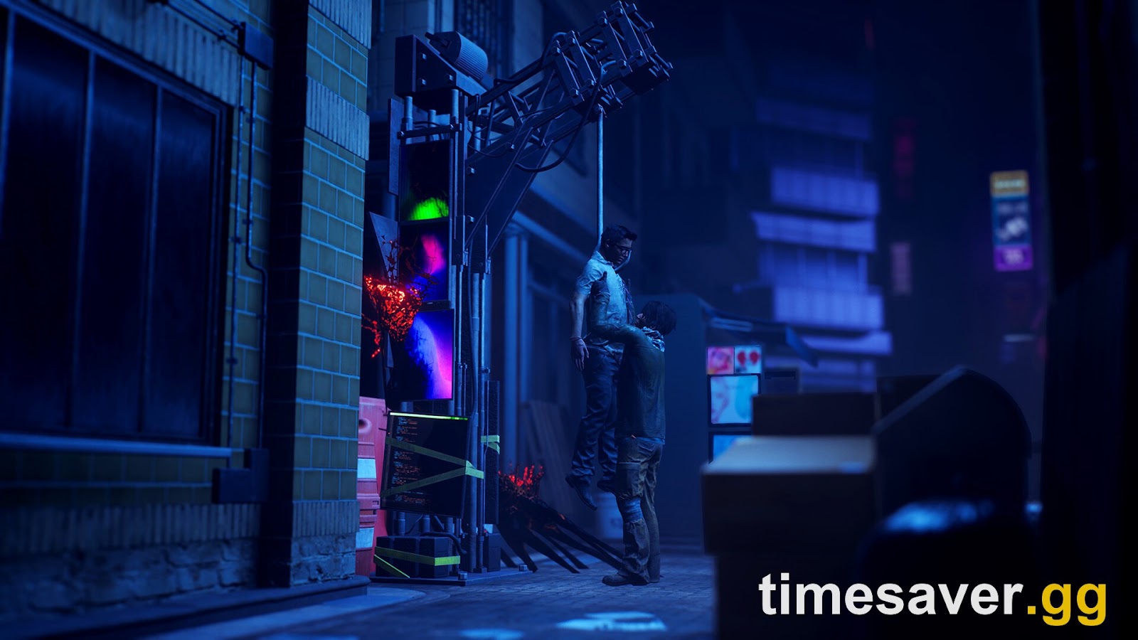 A Dead by Daylight survivor carrying an injured teammate through a dark alley past a corrupted machine