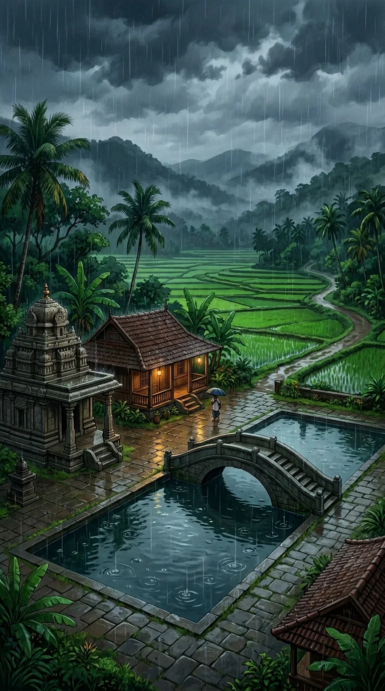 Anime-Style Illustration of a South Indian Temple in Monsoon Rain - Free 4K mobile Wallpaper