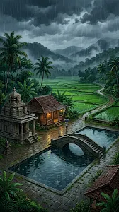 Anime-Style Illustration of a South Indian Temple in Monsoon Rain