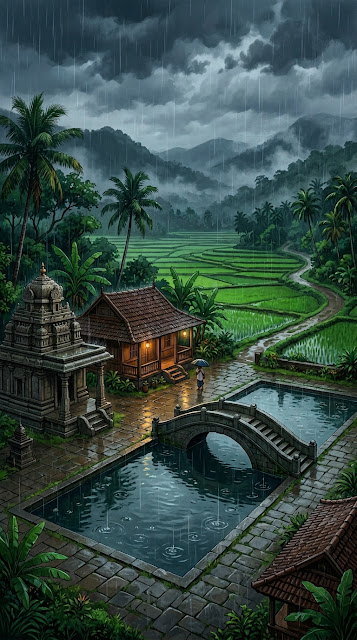 Anime-Style Illustration of a South Indian Temple in Monsoon Rain - Free mobile Wallpaper